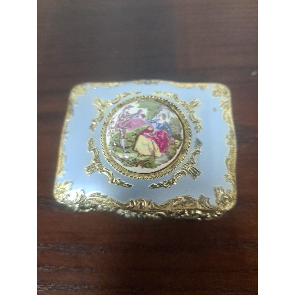 Vintage Japanese Gold Color Filigree With Ceramic Inlay Of Victorian Couple Red